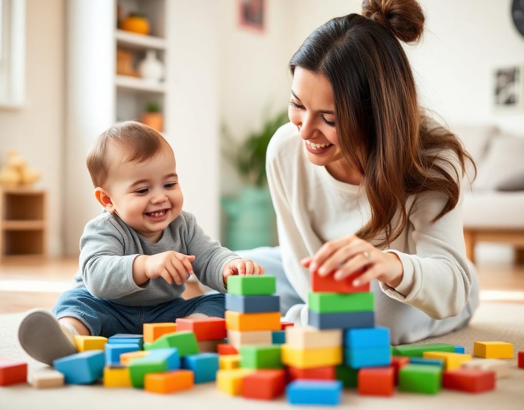Nanny playing blocks with child